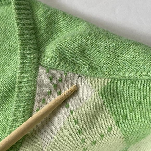 Talbots Cardigan Women M  Lime Green Yellow Argyle Cotton Silk Blend 3/4 Sleeve - Picture 10 of 14